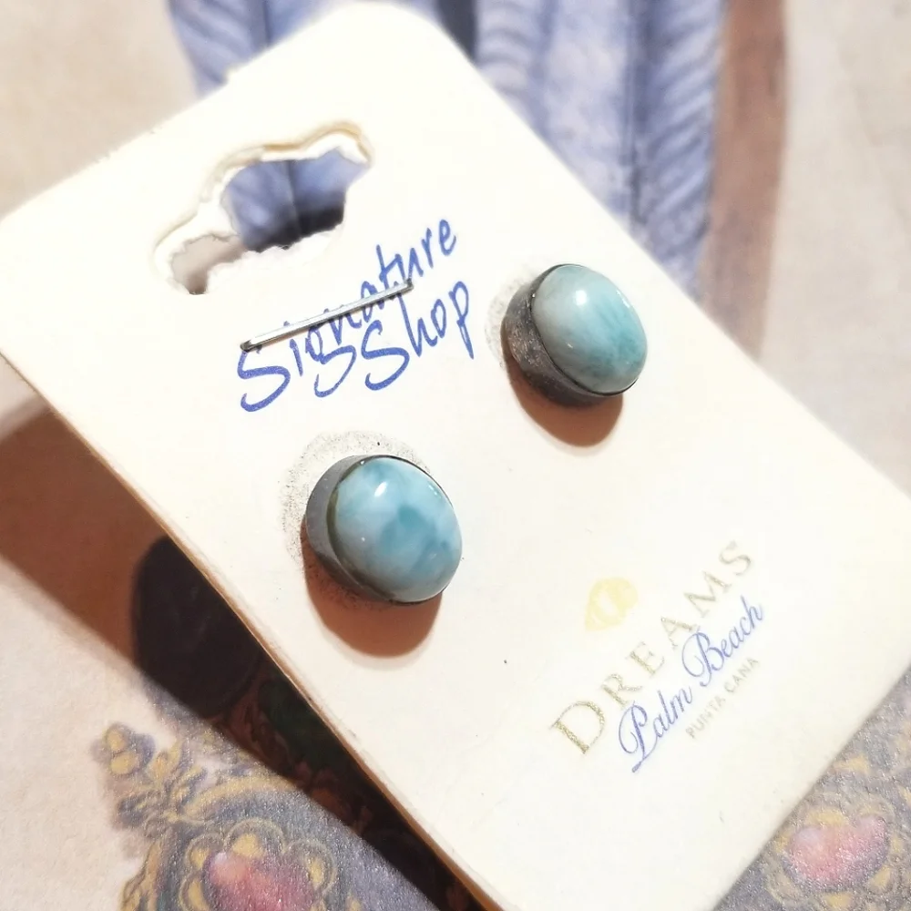 VTG Palm Beach Dreams Larimar Stud Sterling Earrings New Old Stock - Picture 3 of 7